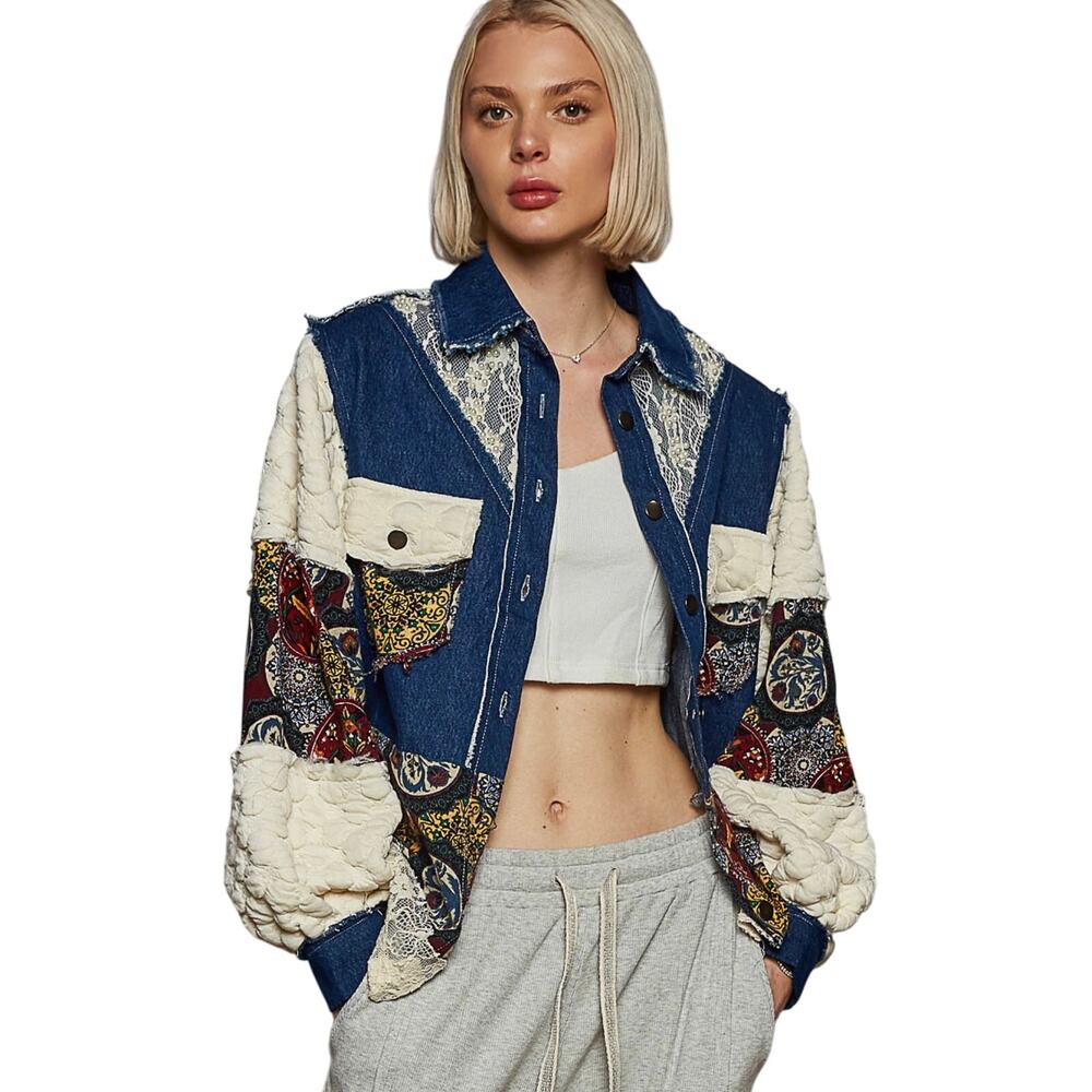 NWT POL Women’s Boho Balloon Sleeve Denim Patchwork Thermal Jacket